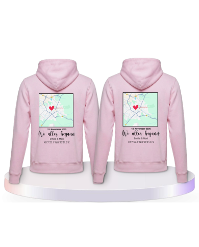 Partnerlook Hoodies mit Wo alles begann persönliche Karte | Paarpulli