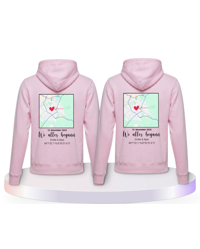 Partnerlook Hoodies mit Wo alles begann persönliche Karte | Paarpulli