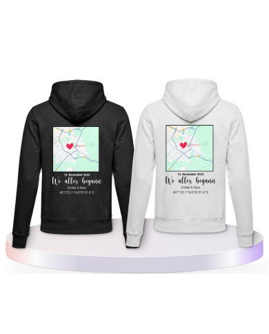 Partnerlook Hoodies mit Wo alles begann persönliche Karte | Paarpulli