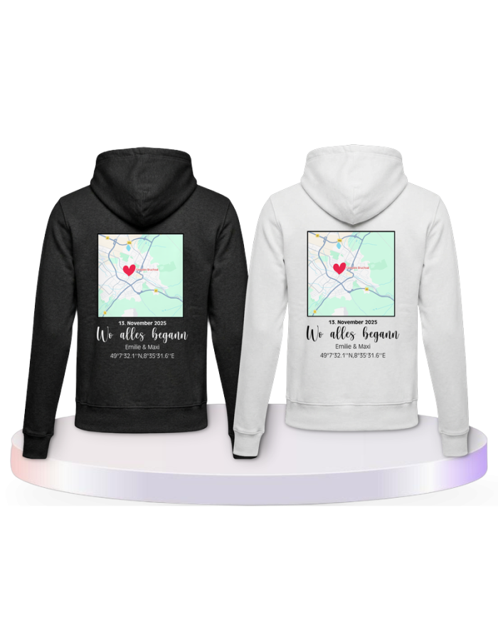 Partnerlook Hoodies mit Wo alles begann persönliche Karte | Paarpulli