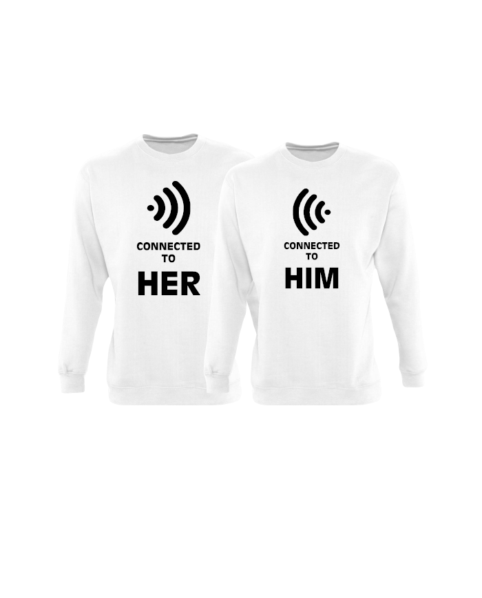 Connected to her und connected to him partnerlook sweatshirts in weiß Connected to her und connected to him partnerlook sweatshirts in weiß