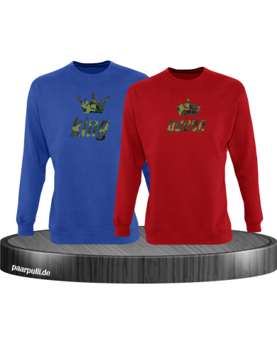 King und Queen als Camouflage Design Partnerlook Sweatshirts in blau rot