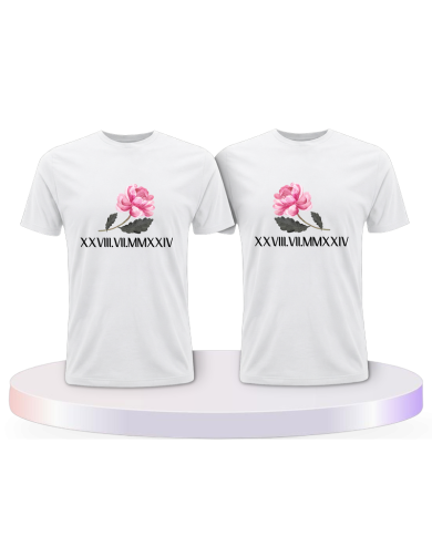 Rose mit Wunschdatum in römischen Zahlen Pärchen T-Shirts | Paarpulli