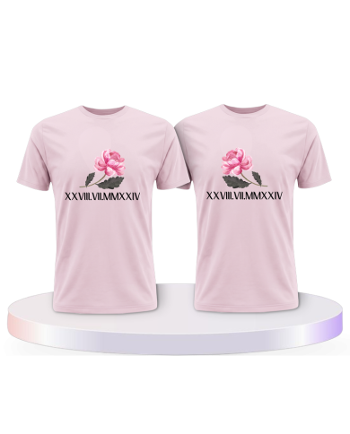 Rose mit Wunschdatum in römischen Zahlen Pärchen T-Shirts | Paarpulli