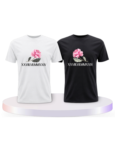 Rose mit Wunschdatum in römischen Zahlen Pärchen T-Shirts | Paarpulli