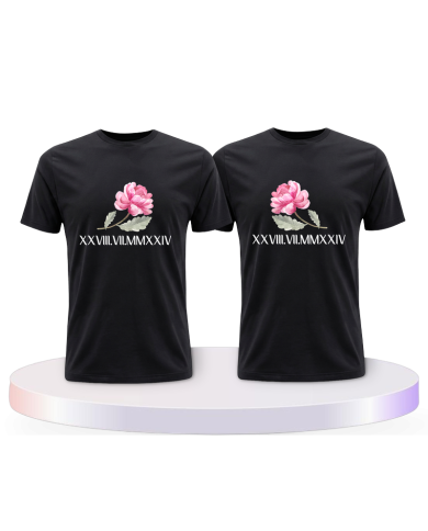 Rose mit Wunschdatum in römischen Zahlen Pärchen T-Shirts | Paarpulli