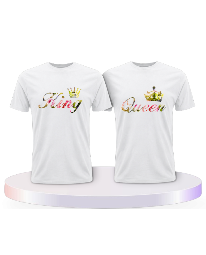 King & Queen T Shirts mit Blumen Muster Pärchen T-Shirts | Paarpulli