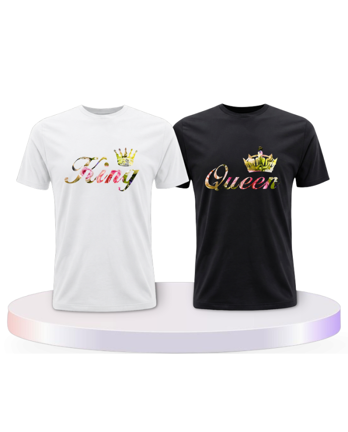 King & Queen T Shirts mit Blumen Muster Pärchen T-Shirts | Paarpulli