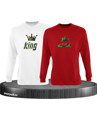 King und Queen als Camouflage Design Partnerlook Sweatshirts in weiß rot