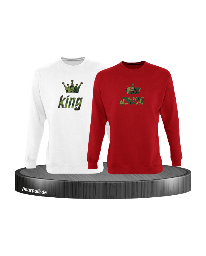 King und Queen als Camouflage Design Partnerlook Sweatshirts in weiß rot