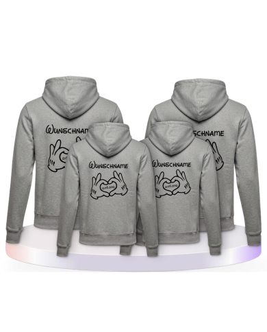 bedruckt mit Wunschname und Comic Hand Pärchen Hoodies | Paarpulli