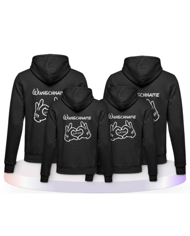 bedruckt mit Wunschname und Comic Hand Pärchen Hoodies | Paarpulli