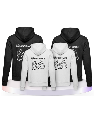 bedruckt mit Wunschname und Comic Hand Pärchen Hoodies | Paarpulli