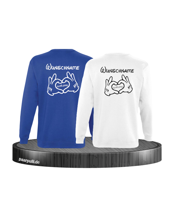 Comic Hände im Disney Design mit Wunschname und Wunschdatum in blau weiß