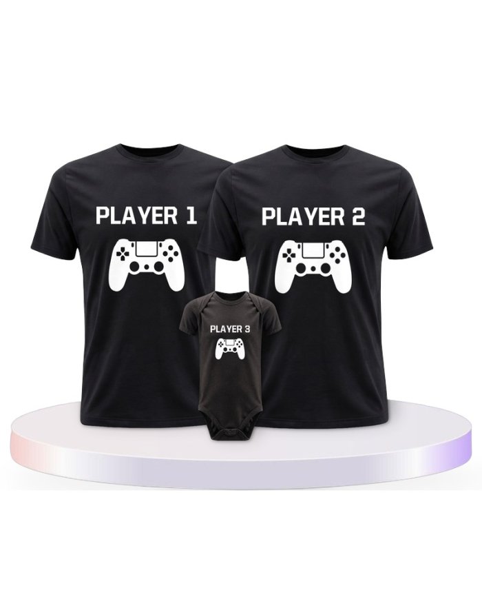 Player mit Controller Familienset T-Shirts mit Babybody | Paarpulli