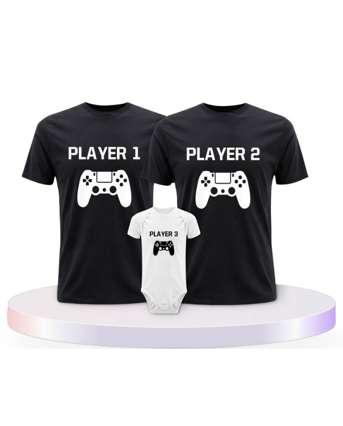 Player mit Controller Familienset T-Shirts mit Babybody | Paarpulli