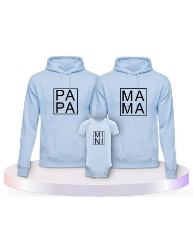 Familienlook Hoodies mit Papa, Mama und Mini im Kasten | Paarpulli