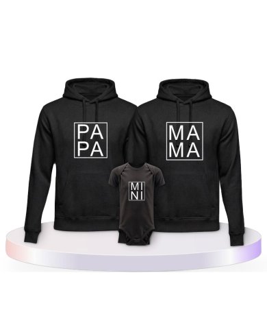 Familienlook Hoodies mit Papa, Mama und Mini im Kasten | Paarpulli
