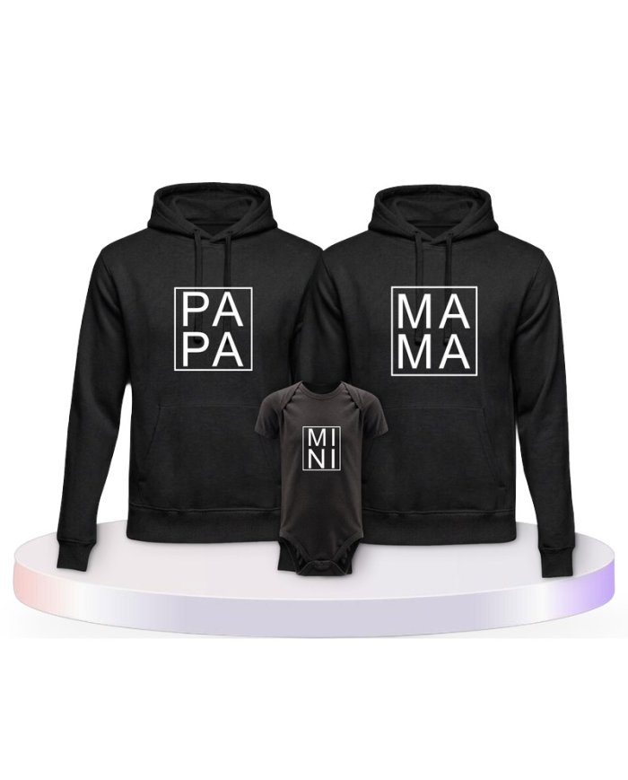 Familienlook Hoodies mit Papa, Mama und Mini im Kasten | Paarpulli