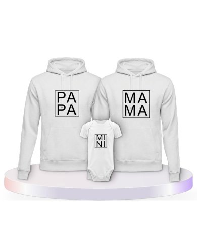 Familienlook Hoodies mit Papa, Mama und Mini im Kasten | Paarpulli