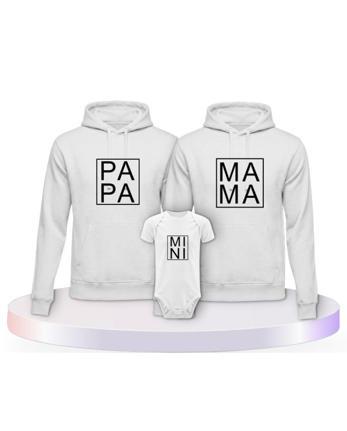 Familienlook Hoodies mit Papa, Mama und Mini im Kasten | Paarpulli