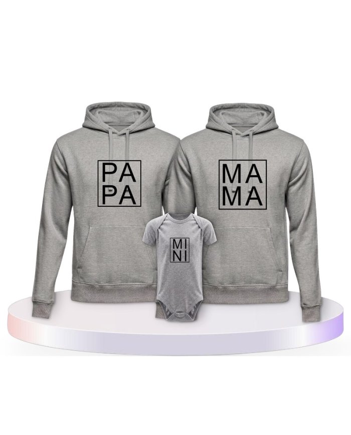 Familienlook Hoodies mit Papa, Mama und Mini im Kasten | Paarpulli