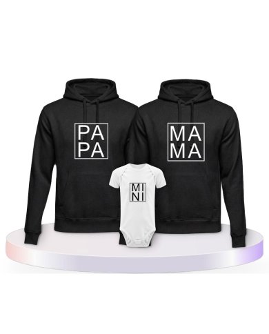 Familienlook Hoodies mit Papa, Mama und Mini im Kasten | Paarpulli