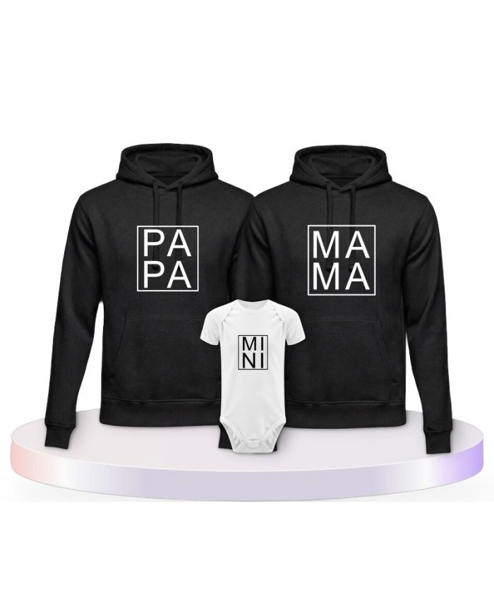 Familienlook Hoodies mit Papa, Mama und Mini im Kasten | Paarpulli