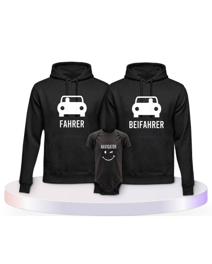 Familienlook Hoodies mit Fahrer, Beifahrer und Navigator | Paarpulli