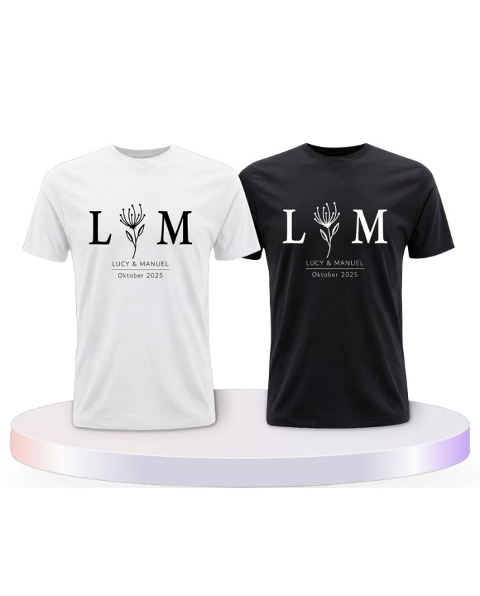 Wunschname und Datum Set Blumen Couple T-Shirts kaufen | Paarpulli