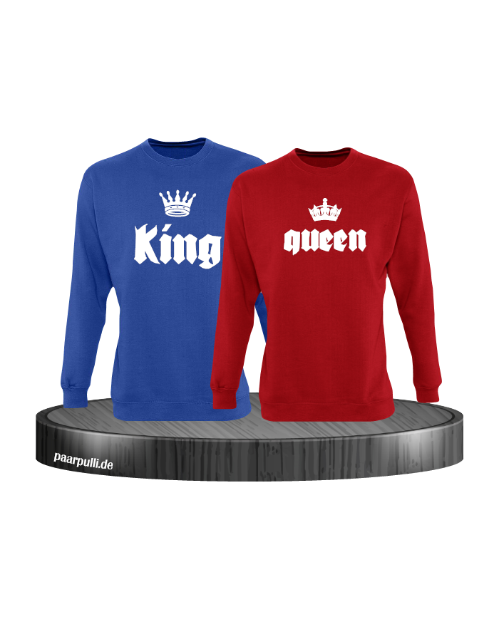 King Queen mit Kronen Partnerlook Sweatshirts in blau rot