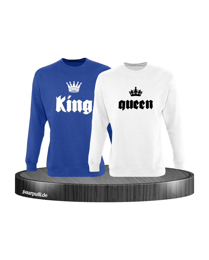 King Queen mit Kronen Partnerlook Sweatshirts in blau weiß