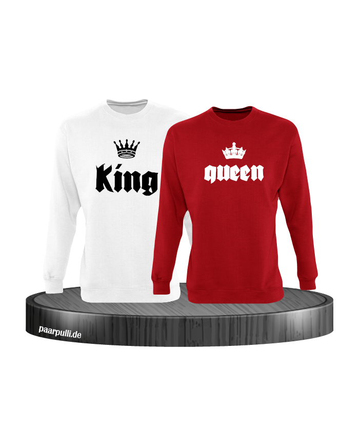 King Queen mit Kronen Partnerlook Sweatshirts in weiß rot