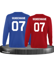 Sweatshirts bedruckt mit eigenem Wunschnamen und Wunschzahlen in blau rot