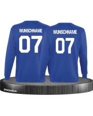 Sweatshirts bedruckt mit eigenem Wunschnamen und Wunschzahlen in blau