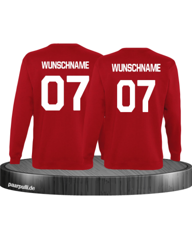 Sweatshirts bedruckt mit eigenem Wunschnamen und Wunschzahlen in rot
