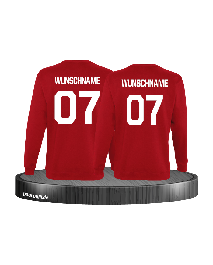 Sweatshirts bedruckt mit eigenem Wunschnamen und Wunschzahlen in rot