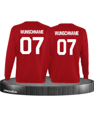 Sweatshirts bedruckt mit eigenem Wunschnamen und Wunschzahlen in rot