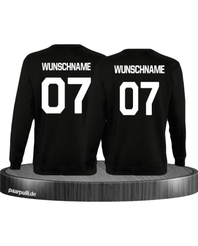 Sweatshirts bedruckt mit eigenem Wunschnamen und Wunschzahlen in schwarz