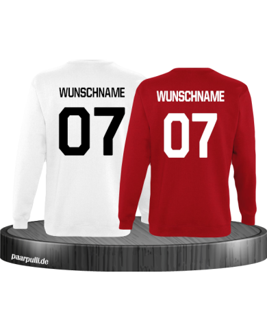 Sweatshirts bedruckt mit eigenem Wunschnamen und Wunschzahlen in weiß rot