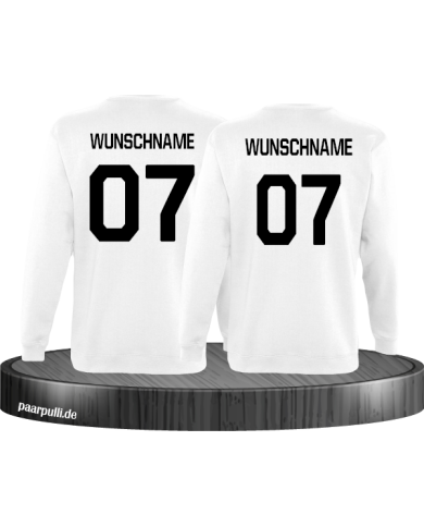 Sweatshirts bedruckt mit eigenem Wunschnamen und Wunschzahlen in weiß