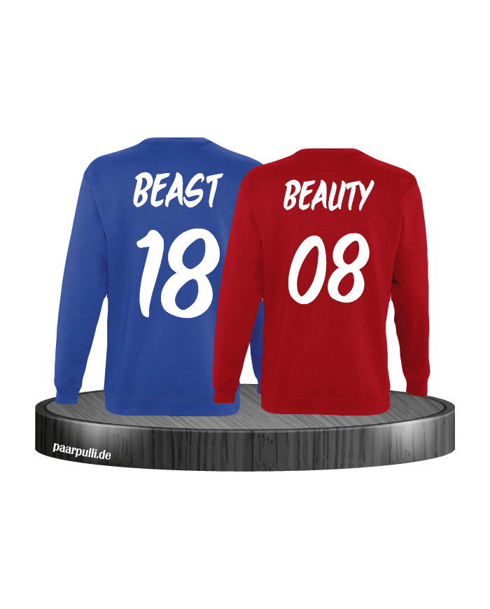 Beauty und Beast mit Wunschzahl Partner Sweatshirts in blau rot