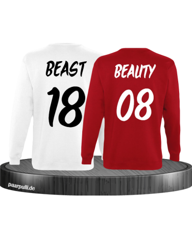 Beauty und Beast mit Wunschzahl Partner Sweatshirts in weiß rot