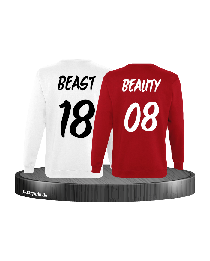 Beauty und Beast mit Wunschzahl Partner Sweatshirts in weiß rot Beauty und Beast mit Wunschzahl Partner Sweatshirts in weiß rot