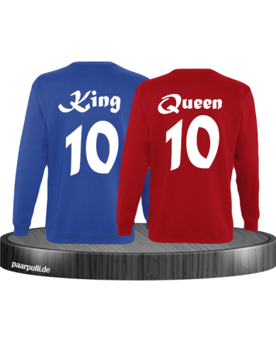 King Queen mit Wunschzahl Partnerlook Sweatshirts in blau rot King Queen mit Wunschzahl Partnerlook Sweatshirts in blau rot