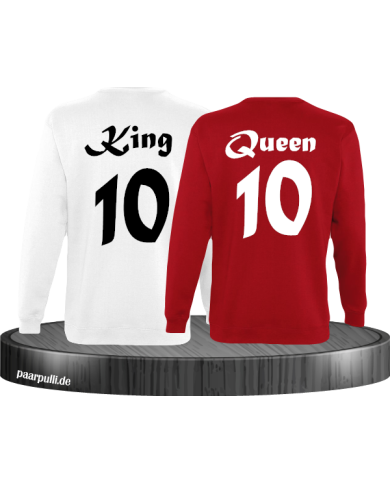 King Queen mit Wunschzahl Partnerlook Sweatshirts in weiß rot