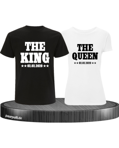 The King The Queen Partnerlook T Shirts mit Wunschdatum in schwarz-weiß