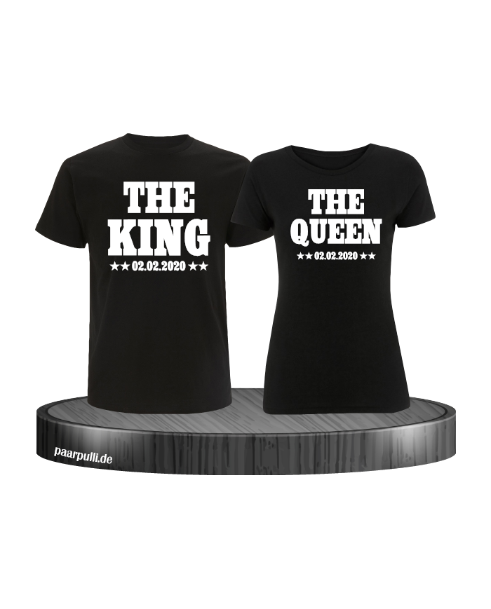 The King The Queen Partnerlook T Shirts mit Wunschdatum in schwarz
