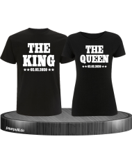 The King The Queen Partnerlook T Shirts mit Wunschdatum in schwarz