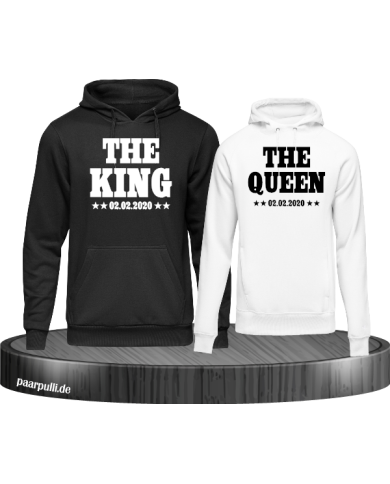 The King The Queen Partnerlook Hoodies mit Wunschdatum in weiß schwarz